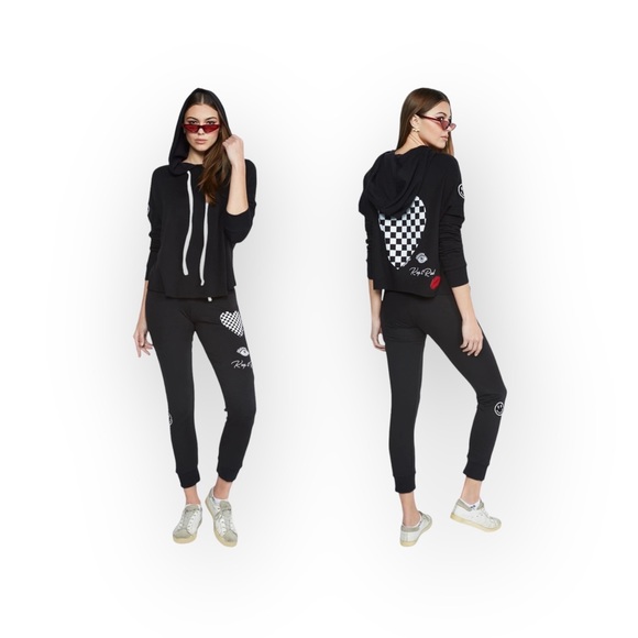 Lauren Moshi Pants - Lauren Moshi ᨎ Rad Checker Heart Smiley Lips Patch Elements Sweatpants ᨎ Black M